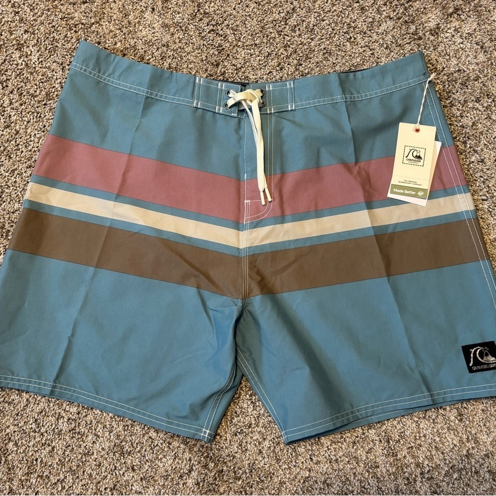 Quiksilver Men's Blue and Brown Striped Board Shorts 38 NWT